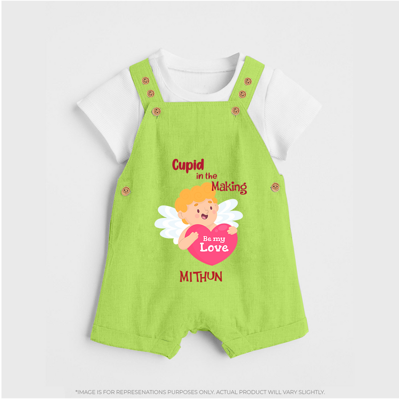 Cupid In The Making - Valentine's Day Themed Customized Dungaree Set For Kids - GREEN - 0 - 5 Months Old (Chest 18")