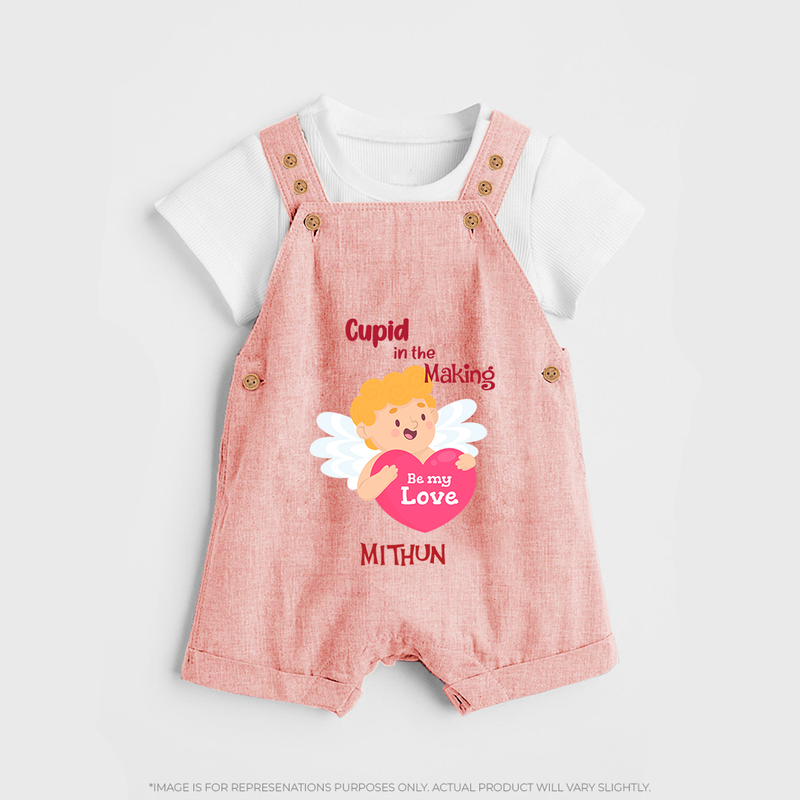 Cupid In The Making - Valentine's Day Themed Customized Dungaree Set For Kids - PEACH - 0 - 5 Months Old (Chest 18")