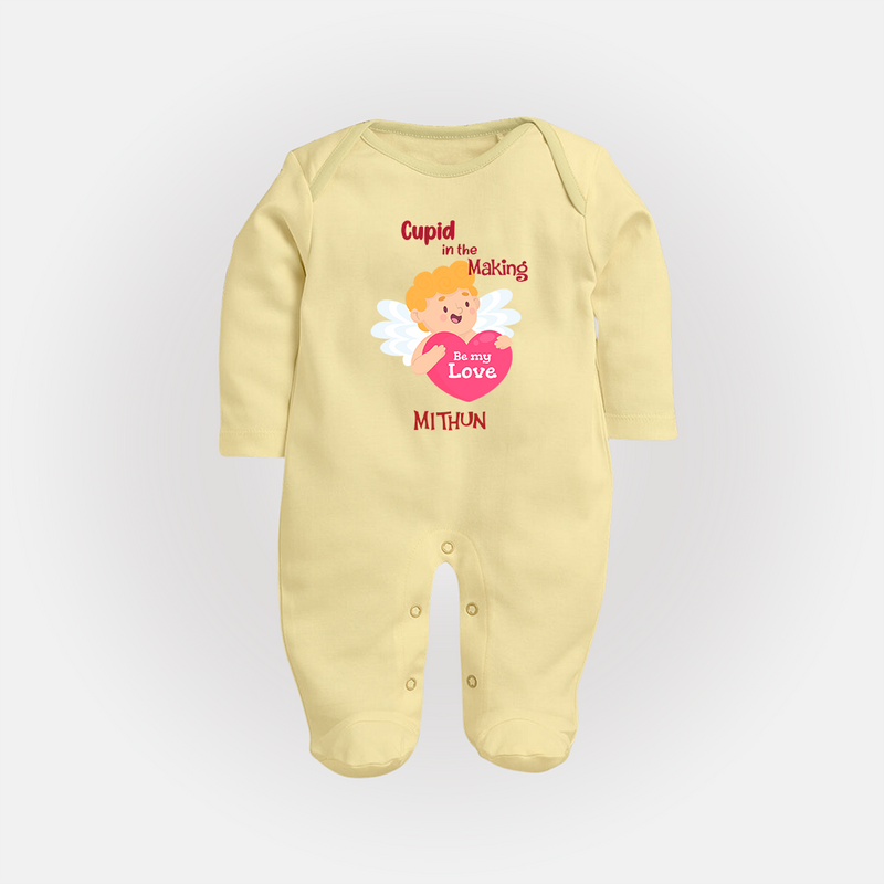 Cupid In The Making - Valentine's Day Themed Customized Sleep Suit For Babies - PASTEL YELLOW - New Born (Chest 7.5")