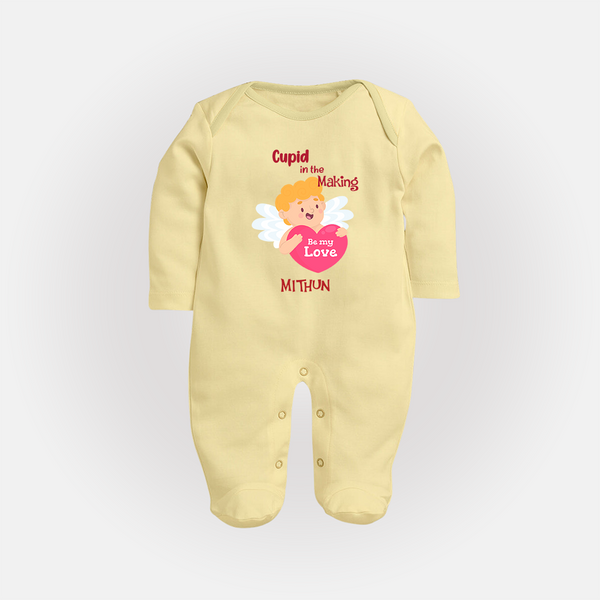 Cupid In The Making - Valentine's Day Themed Customized Sleep Suit For Babies - PASTEL YELLOW - New Born (Chest 7.5")