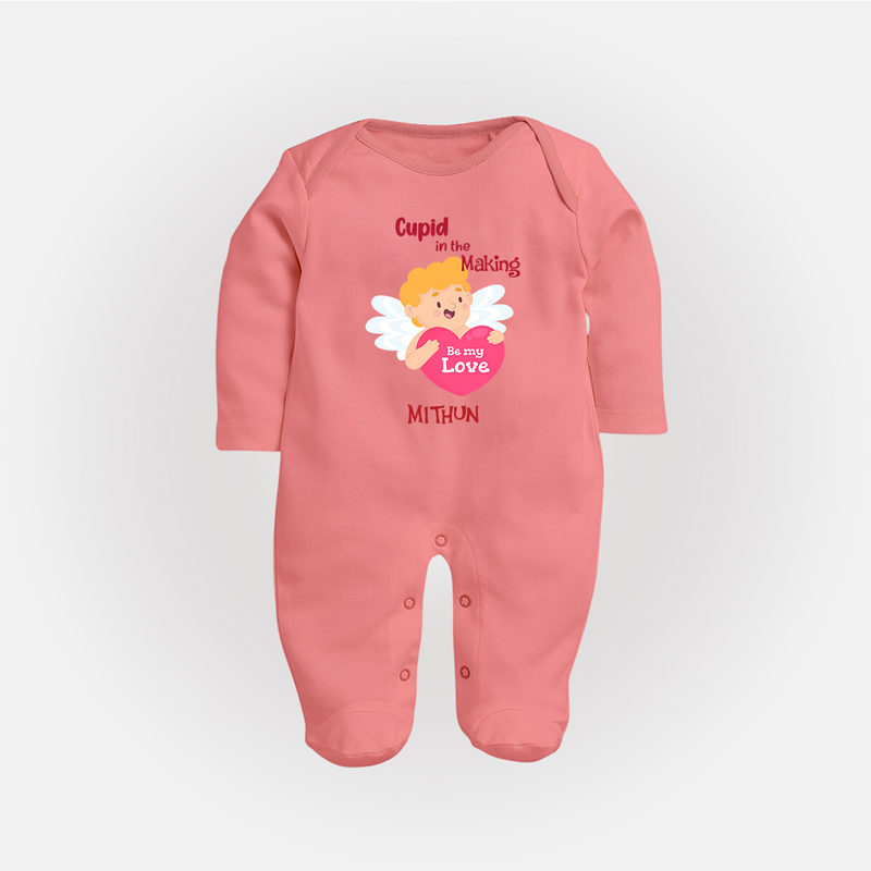 Cupid In The Making - Valentine's Day Themed Customized Sleep Suit For Babies - PEACH - New Born (Chest 7.5")