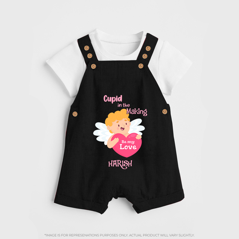 Cupid In The Making - Valentine's Day Themed Customized Dungaree Set For Kids - BLACK - 0 - 5 Months Old (Chest 18")