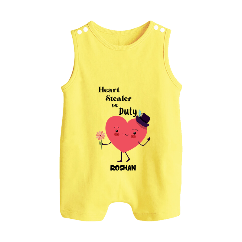 Heart Stealer On Duty - Valentine's Day Themed Customized Romper Suit For Babies - PASTEL YELLOW - 0 - 5 Months Old (Chest 18")