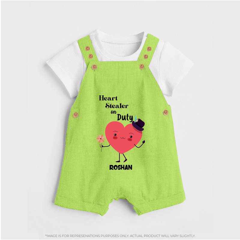 Heart Stealer On Duty - Valentine's Day Themed Customized Dungaree Set For Kids - GREEN - 0 - 5 Months Old (Chest 18")