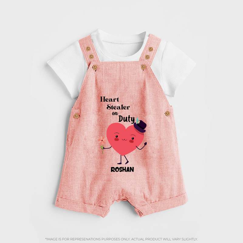 Heart Stealer On Duty - Valentine's Day Themed Customized Dungaree Set For Kids - PEACH - 0 - 5 Months Old (Chest 18")