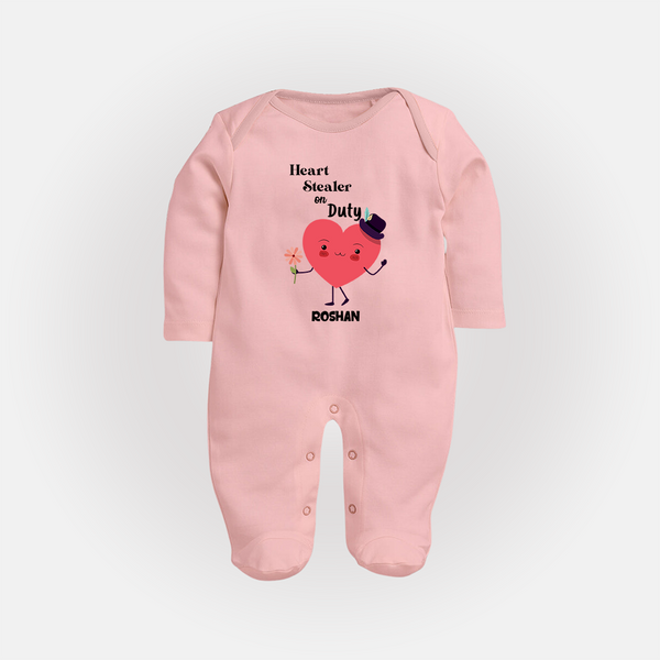 Heart Stealer On Duty - Valentine's Day Themed Customized Sleep Suit For Babies - BABY PINK - New Born (Chest 7.5")