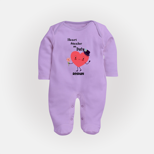 Heart Stealer On Duty - Valentine's Day Themed Customized Sleep Suit For Babies - LILAC - New Born (Chest 7.5")