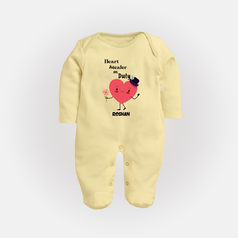 Heart Stealer On Duty - Valentine's Day Themed Customized Sleep Suit For Babies - PASTEL YELLOW - New Born (Chest 7.5")