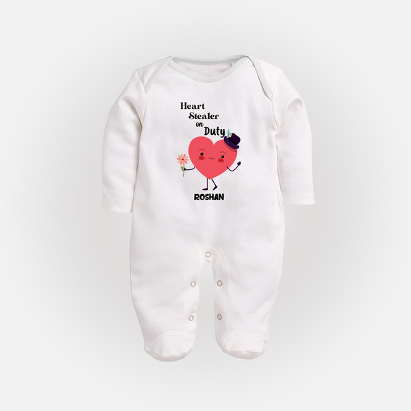 Heart Stealer On Duty - Valentine's Day Themed Customized Sleep Suit For Babies - WHITE - New Born (Chest 7.5")