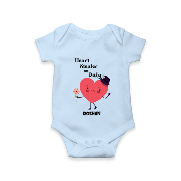 Heart Stealer On Duty - Valentine's Day Themed Customized Romper For Babies - BABY BLUE - 0 - 3 Months Old (Chest 16")