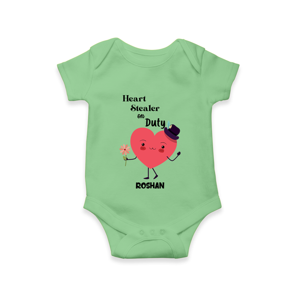 Heart Stealer On Duty - Valentine's Day Themed Customized Romper For Babies - GREEN - 0 - 3 Months Old (Chest 16")