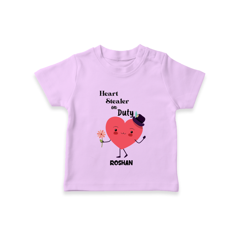 Heart Stealer On Duty - Valentine's Day Themed Customized T-Shirt For Kids - LILAC - 0-5 Months Old (Chest 17")