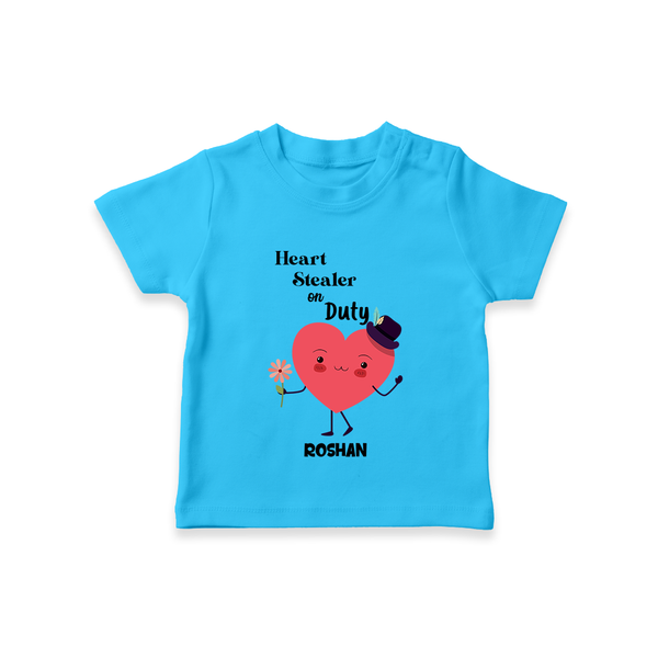 Heart Stealer On Duty - Valentine's Day Themed Customized T-Shirt For Kids - SKY BLUE - 0-5 Months Old (Chest 17")