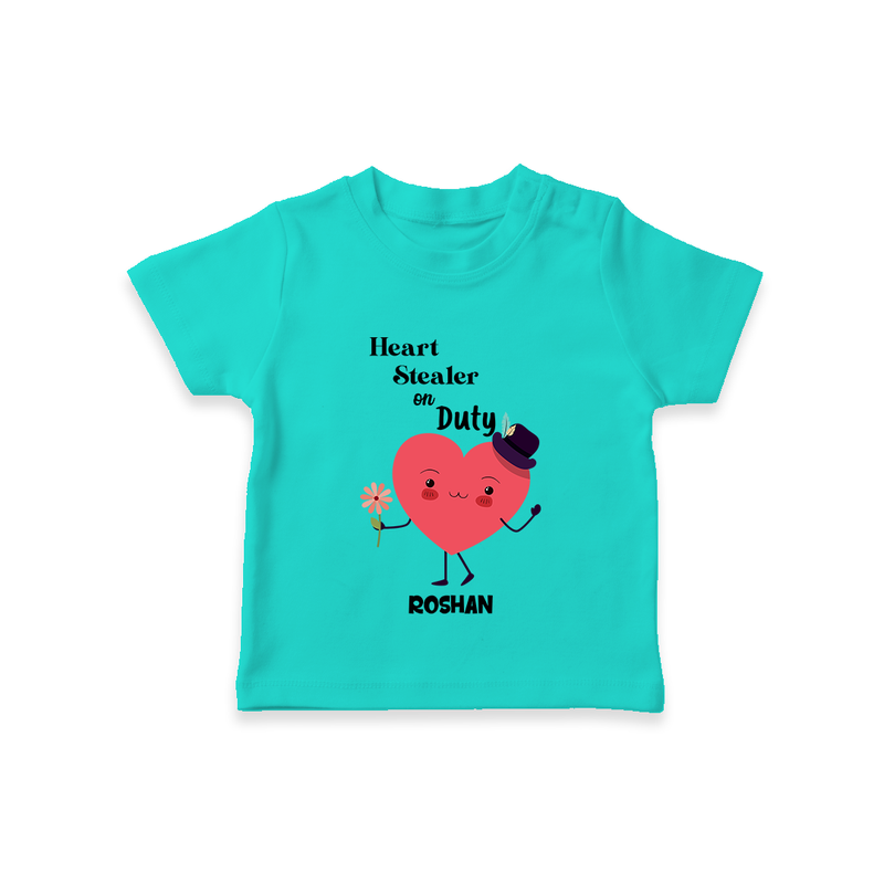 Heart Stealer On Duty - Valentine's Day Themed Customized T-Shirt For Kids - TEAL - 0-5 Months Old (Chest 17")