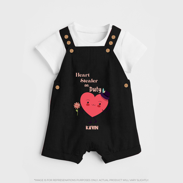 Heart Stealer On Duty - Valentine's Day Themed Customized Dungaree Set For Kids - BLACK - 0 - 5 Months Old (Chest 18")