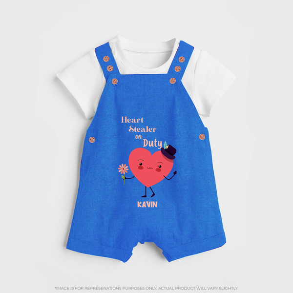 Heart Stealer On Duty - Valentine's Day Themed Customized Dungaree Set For Kids - COBALT BLUE - 0 - 5 Months Old (Chest 18")