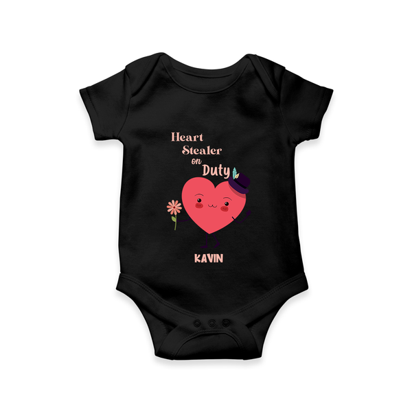 Heart Stealer On Duty - Valentine's Day Themed Customized Romper For Babies - BLACK - 0 - 3 Months Old (Chest 16")