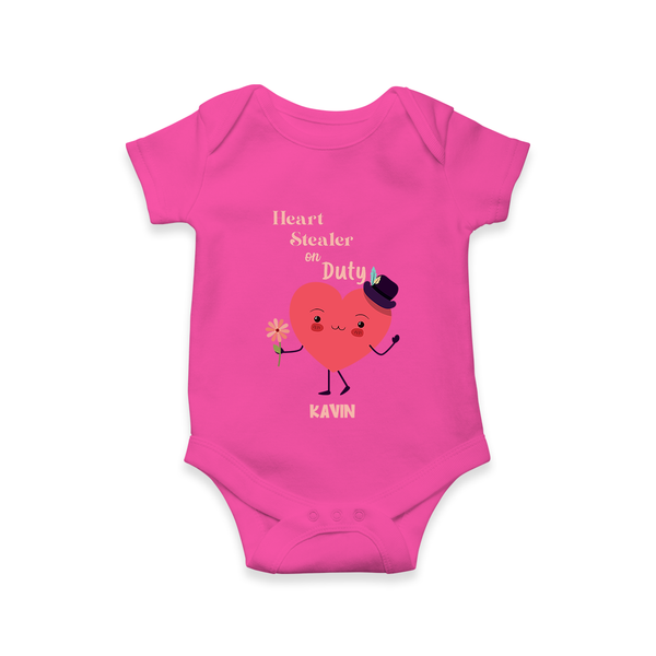 Heart Stealer On Duty - Valentine's Day Themed Customized Romper For Babies - HOT PINK - 0 - 3 Months Old (Chest 16")