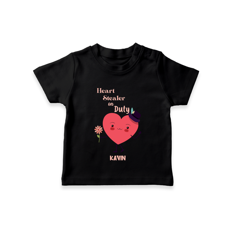 Heart Stealer On Duty - Valentine's Day Themed Customized T-Shirt For Kids - BLACK - 0-5 Months Old (Chest 17")