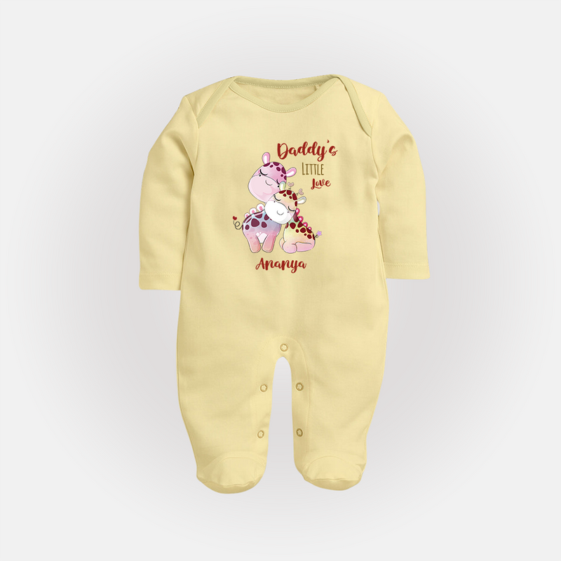 Daddy's Little Love - Valentine's Day Themed Customized Sleep Suit For Babies With Name - PASTEL YELLOW - New Born (Chest 7.5")