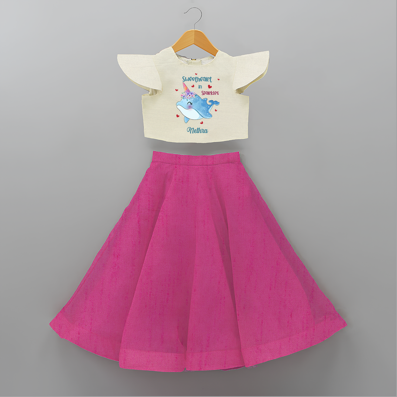 Sweetheart in Sparkles - Valentine's Day Themed Customized Crop Top And Skirt For Kids With Name - FUSCHIA - 6 - 9 Months Old (Chest 20" , Frock Waist 20")