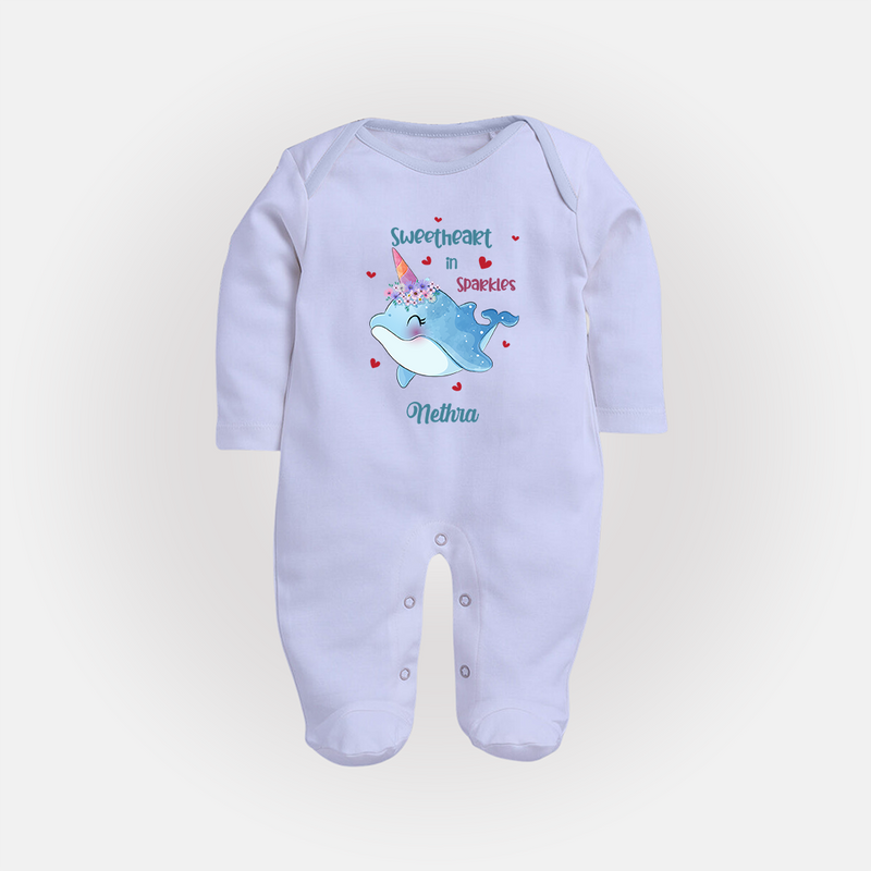 Sweetheart in Sparkles - Valentine's Day Themed Customized Sleep Suit For Babies With Name - BABY BLUE - New Born (Chest 7.5")