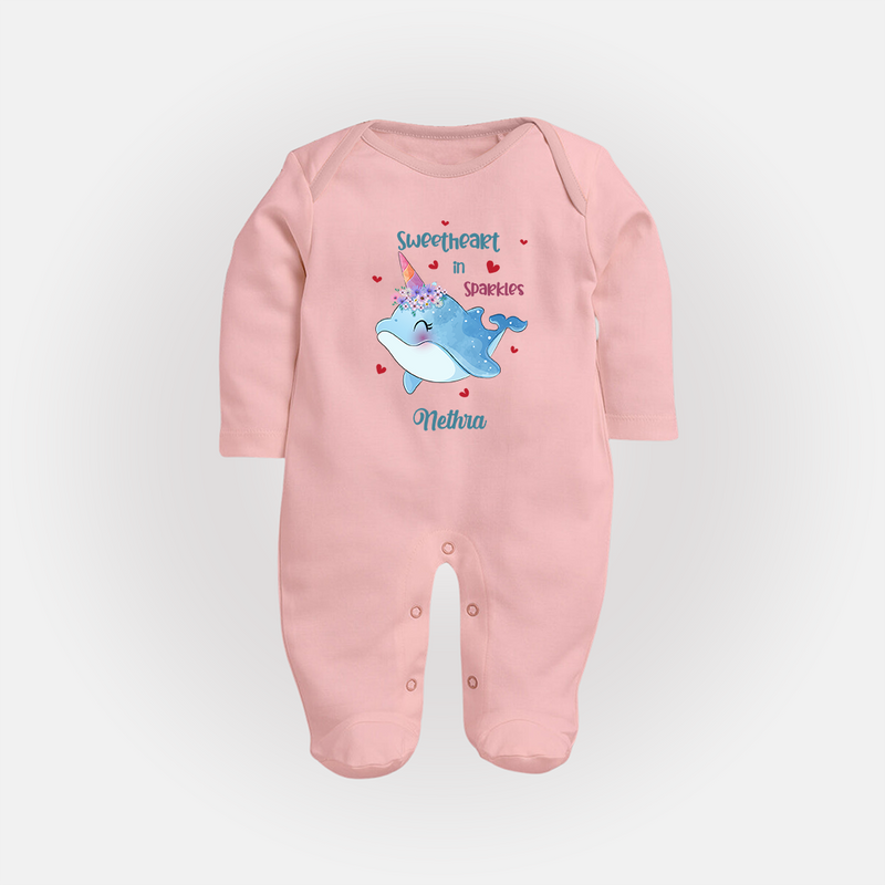 Sweetheart in Sparkles - Valentine's Day Themed Customized Sleep Suit For Babies With Name - BABY PINK - New Born (Chest 7.5")