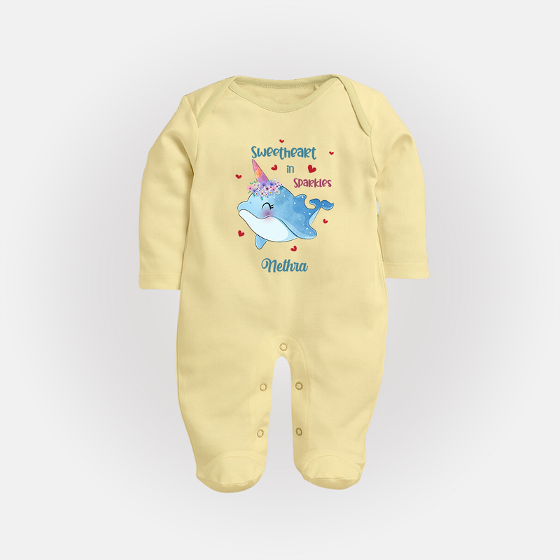 Sweetheart in Sparkles - Valentine's Day Themed Customized Sleep Suit For Babies With Name - PASTEL YELLOW - New Born (Chest 7.5")