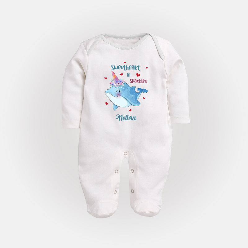 Sweetheart in Sparkles - Valentine's Day Themed Customized Sleep Suit For Babies With Name - WHITE - New Born (Chest 7.5")