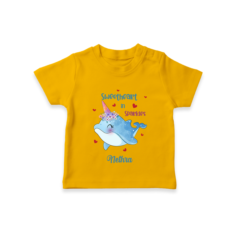 Sweetheart in Sparkles - Valentine's Day Themed Customized T-Shirt For Kids With Name - CHROME YELLOW - 0-5 Months Old (Chest 17")