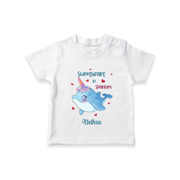 Sweetheart in Sparkles - Valentine's Day Themed Customized T-Shirt For Kids With Name - WHITE - 0-5 Months Old (Chest 17")