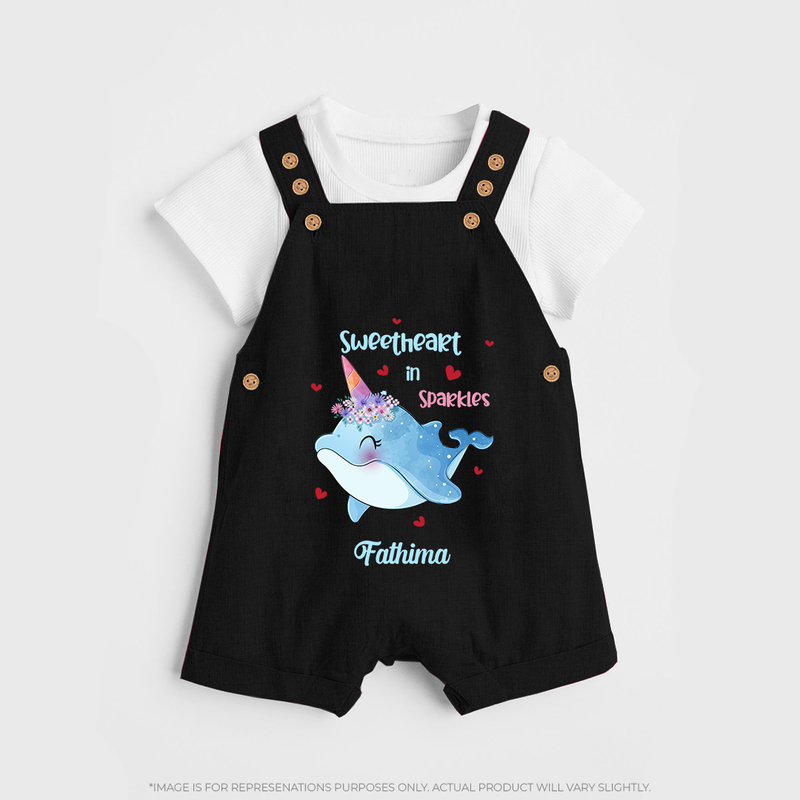 Sweetheart in Sparkles - Valentine's Day Themed Customized Dungaree Set For Kids With Name - BLACK - 0 - 5 Months Old (Chest 18")