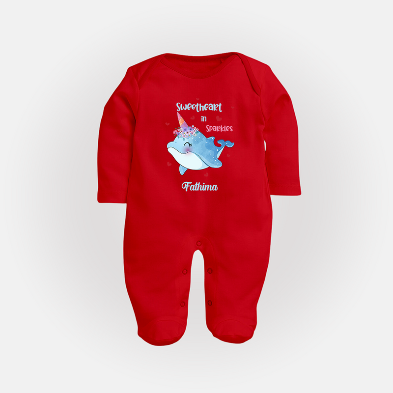 Sweetheart in Sparkles - Valentine's Day Themed Customized Sleep Suit For Babies With Name - RED - New Born (Chest 7.5")