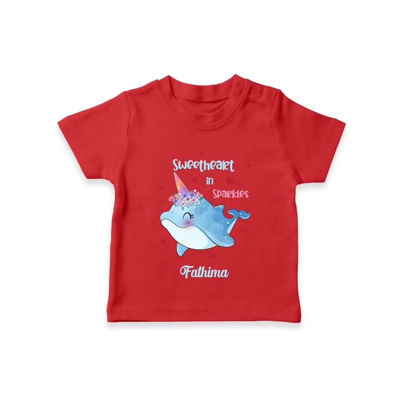 Sweetheart in Sparkles - Valentine's Day Themed Customized T-Shirt For Kids With Name - RED - 0-5 Months Old (Chest 17")