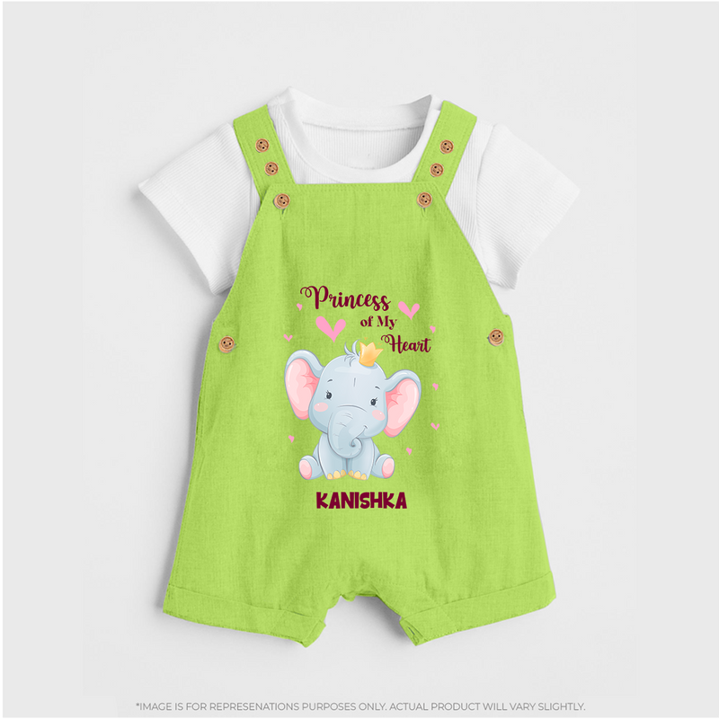 Princess Of My Heart - Valentine's Day Themed Customized Dungaree Set For Kids With Name - GREEN - 0 - 5 Months Old (Chest 18")