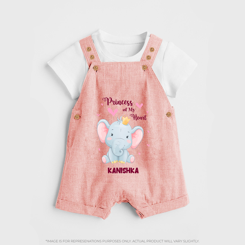 Princess Of My Heart - Valentine's Day Themed Customized Dungaree Set For Kids With Name - PEACH - 0 - 5 Months Old (Chest 18")