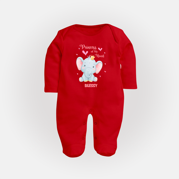 Princess Of My Heart - Valentine's Day Themed Customized Sleep Suit For Babies With Name - RED - New Born (Chest 7.5")