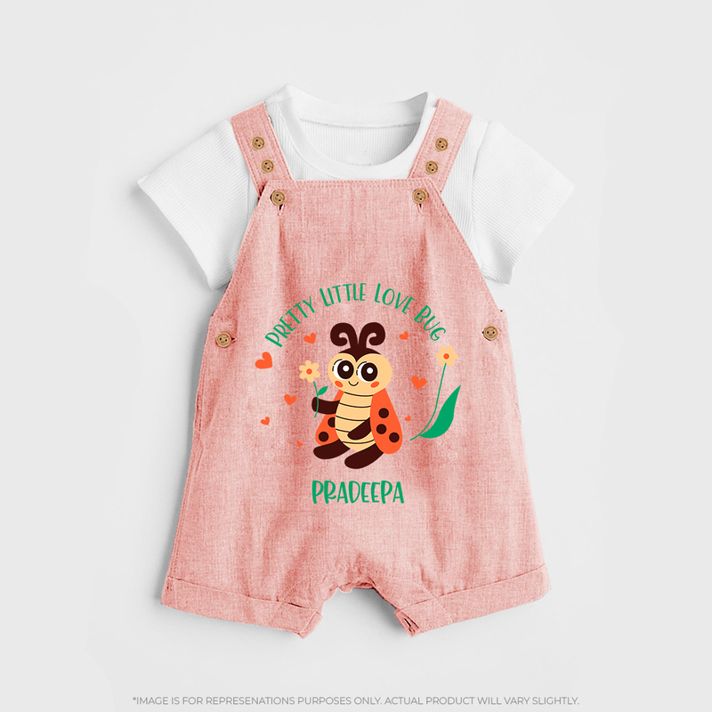 Pretty Little Love Bug - Valentine's Day Themed Customized Dungaree Set For Kids With Name - PEACH - 0 - 5 Months Old (Chest 18")