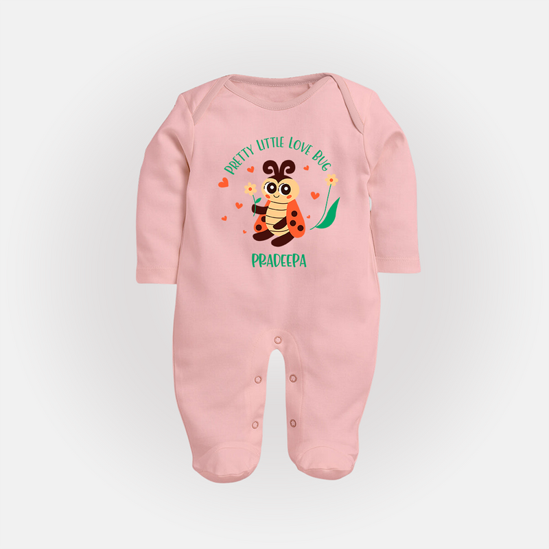 Pretty Little Love Bug - Valentine's Day Themed Customized Sleep Suit For Babies With Name - BABY PINK - New Born (Chest 7.5")