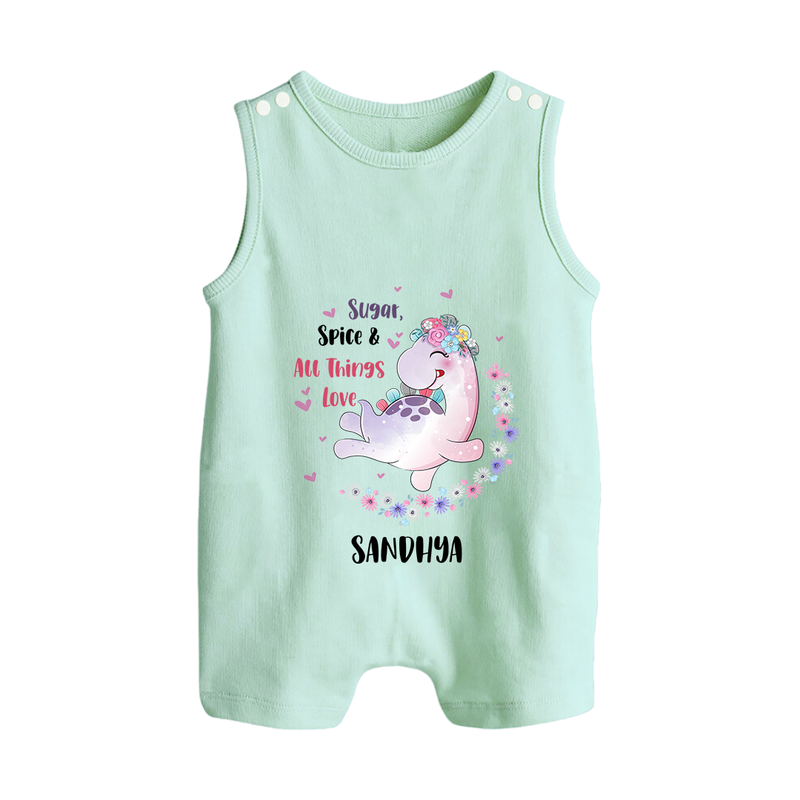 Sugar Spice & All Things Love - Valentine's Day Themed Customized Romper Suit For Babies With Name - MINT GREEN - 0 - 5 Months Old (Chest 18")