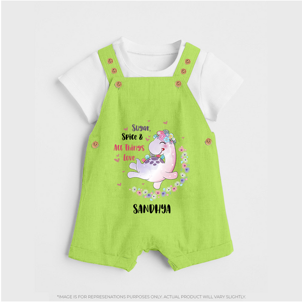 Sugar Spice & All Things Love - Valentine's Day Themed Customized Dungaree Set For Kids With Name - GREEN - 0 - 5 Months Old (Chest 18")