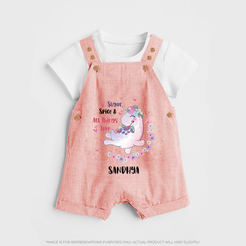 Sugar Spice & All Things Love - Valentine's Day Themed Customized Dungaree Set For Kids With Name - PEACH - 0 - 5 Months Old (Chest 18")