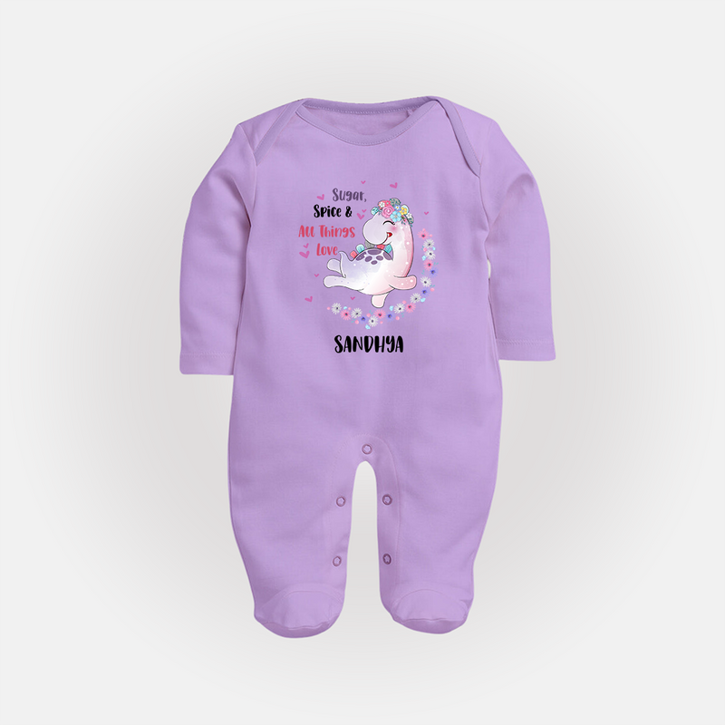 Sugar Spice & All Things Love - Valentine's Day Themed Customized Sleep Suit For Babies With Name - LILAC - New Born (Chest 7.5")