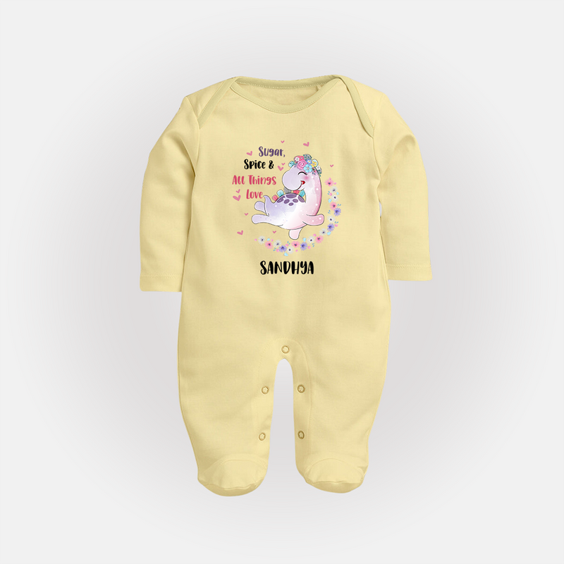 Sugar Spice & All Things Love - Valentine's Day Themed Customized Sleep Suit For Babies With Name - PASTEL YELLOW - New Born (Chest 7.5")