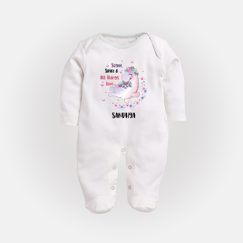 Sugar Spice & All Things Love - Valentine's Day Themed Customized Sleep Suit For Babies With Name - WHITE - New Born (Chest 7.5")