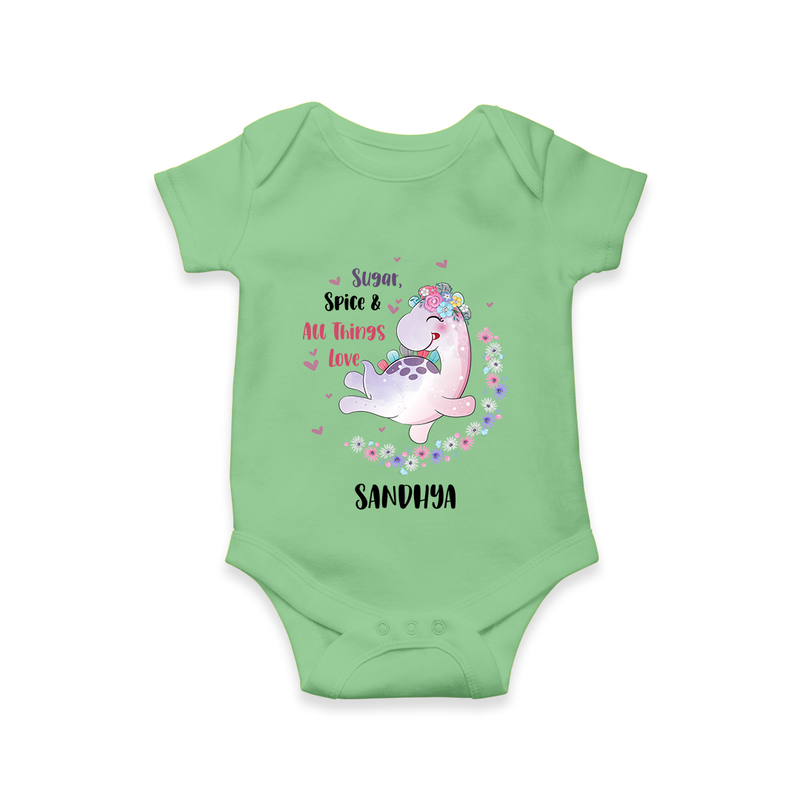 Sugar Spice & All Things Love - Valentine's Day Themed Customized Romper For Babies With Name - GREEN - 0 - 3 Months Old (Chest 16")