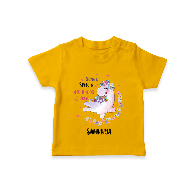 Sugar Spice & All Things Love - Valentine's Day Themed Customized T-Shirt For Kids With Name - CHROME YELLOW - 0-5 Months Old (Chest 17")