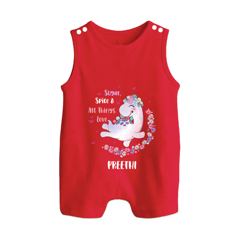 Sugar Spice & All Things Love - Valentine's Day Themed Customized Romper Suit For Babies With Name - RED - 0 - 5 Months Old (Chest 18")