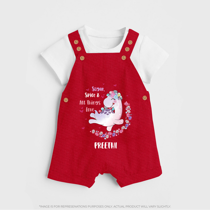 Sugar Spice & All Things Love - Valentine's Day Themed Customized Dungaree Set For Kids With Name - RED - 0 - 5 Months Old (Chest 18")