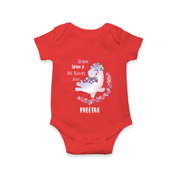 Sugar Spice & All Things Love - Valentine's Day Themed Customized Romper For Babies With Name - RED - 0 - 3 Months Old (Chest 16")